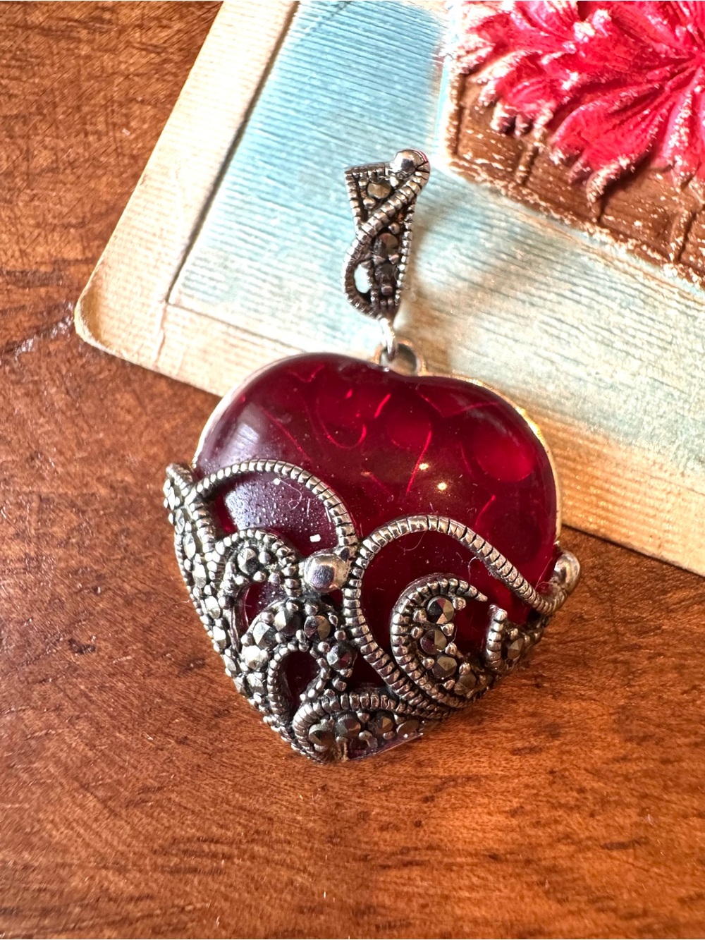 Vintage ROSS SIMONS Sterling Silver Red Glass Marcasite Heart Pendant Necklace